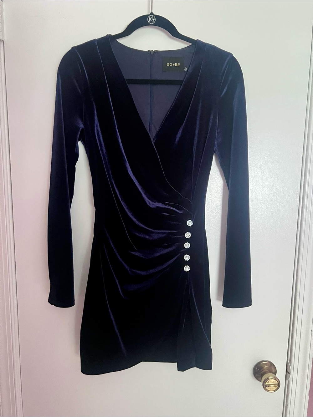 Deep Navy Velvet Long-Sleeve Wrap Dress with Rhinestone Buttons